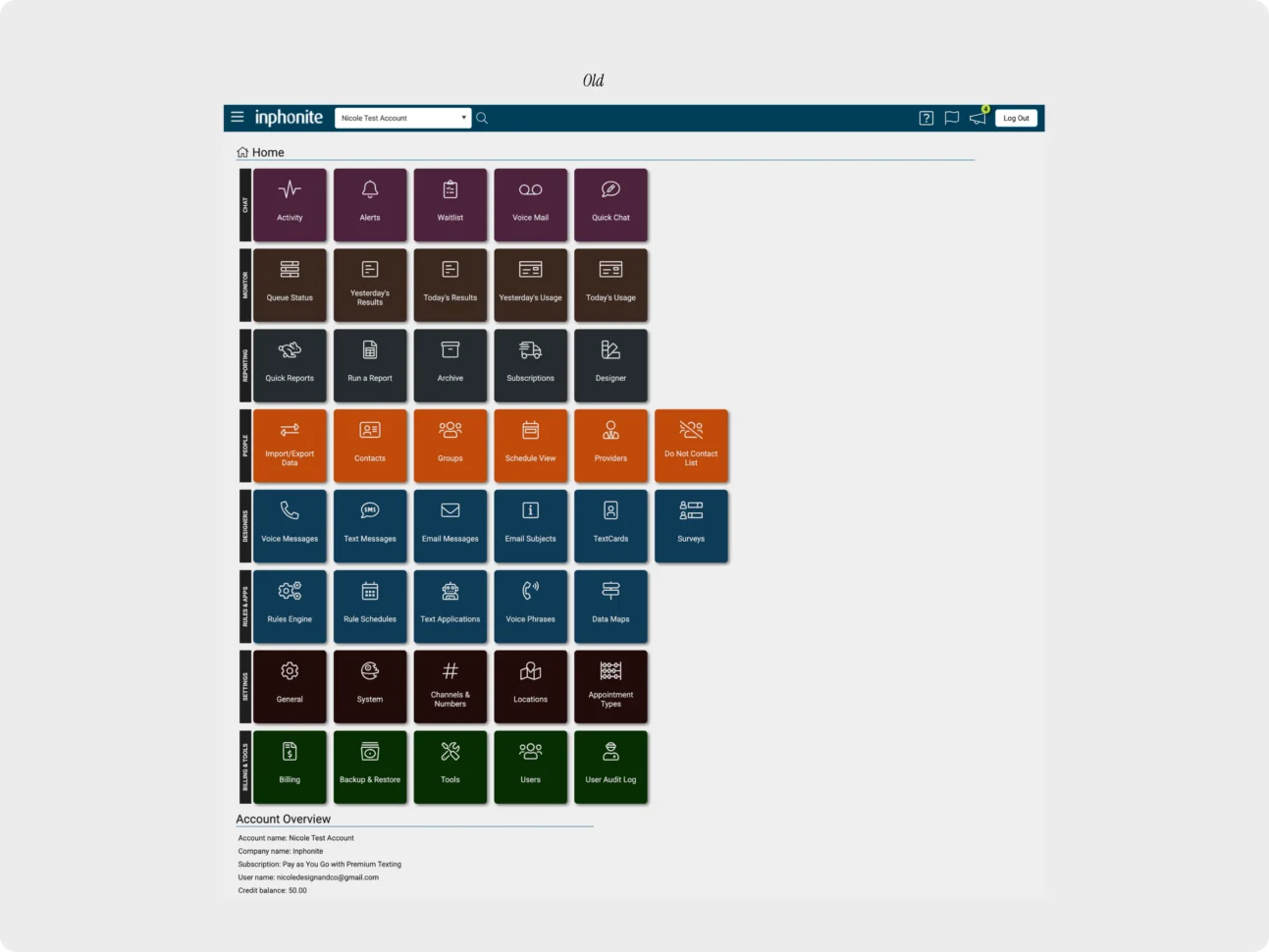 Legacy Inphonite home screen with tools distributed across a large grid of category tiles