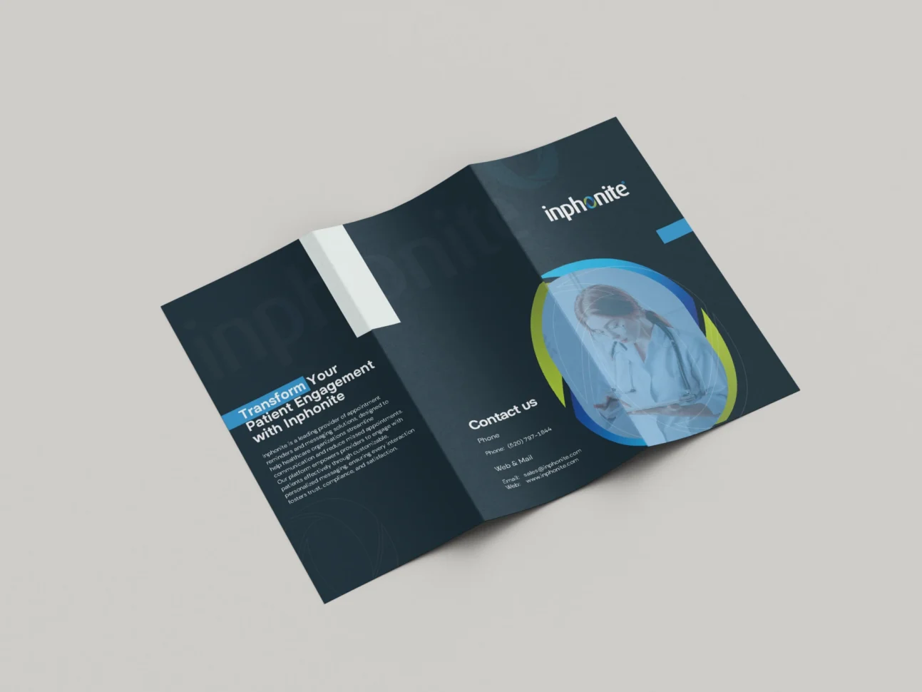 Outside panels of the Inphonite trifold brochure shown fully open