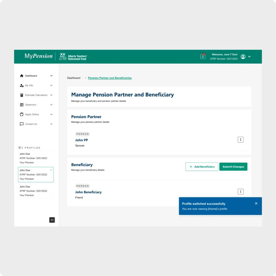 ATRF MyPension beneficiary management screen with a successful profile update confirmation