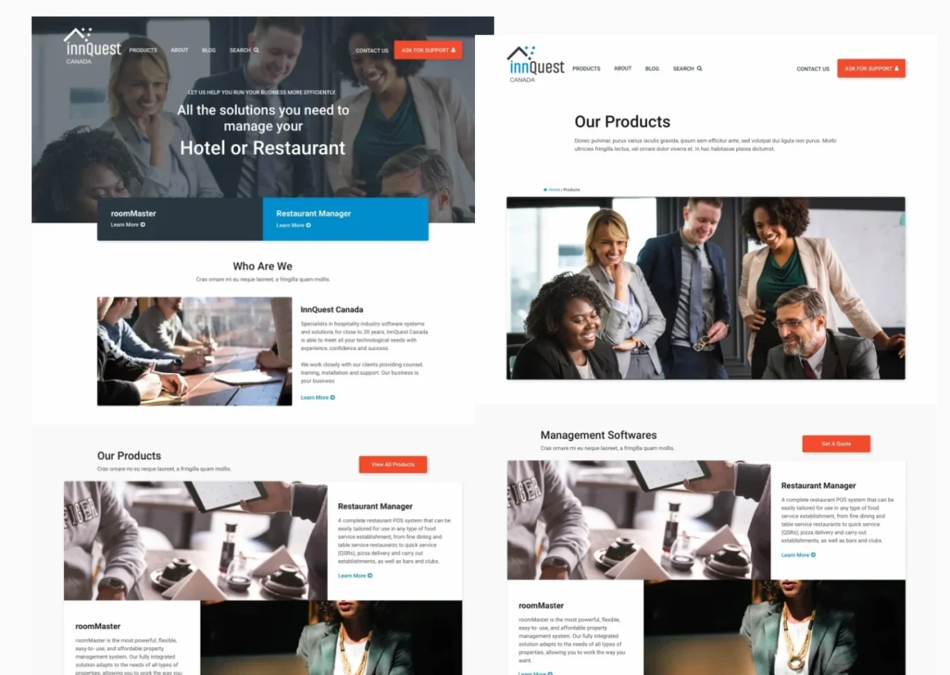 InnQuest Canada homepage and product page designs shown side by side