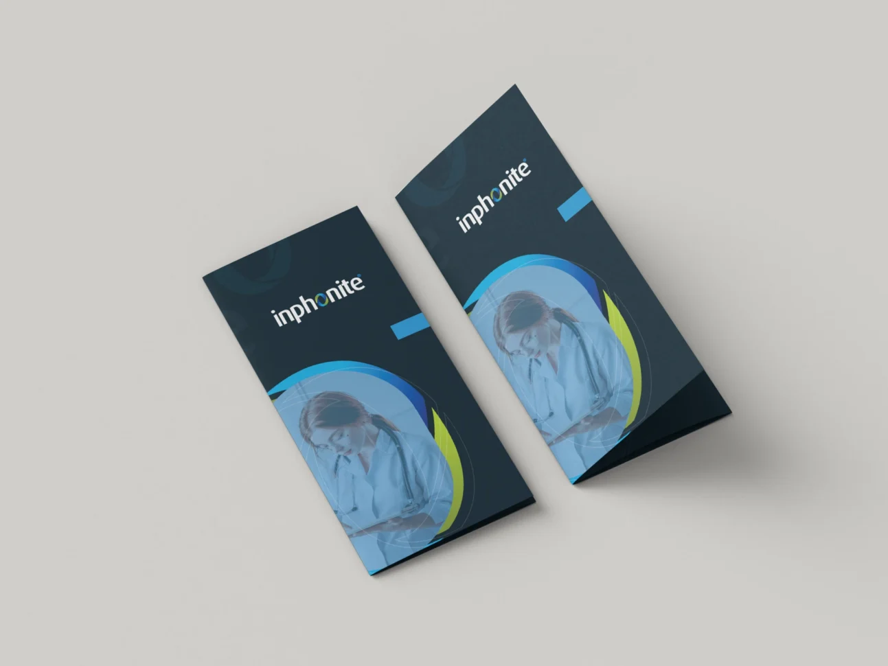 Two folded Inphonite trifold brochures showing the front cover design