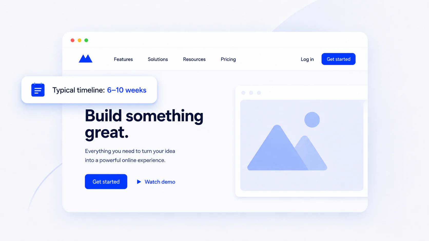 Website interface mockup with a callout reading Typical timeline: 6–10 weeks