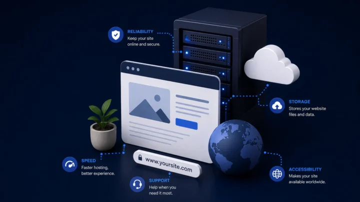 Website connected to server and cloud hosting with indicators for reliability, storage, speed, support, and worldwide availability