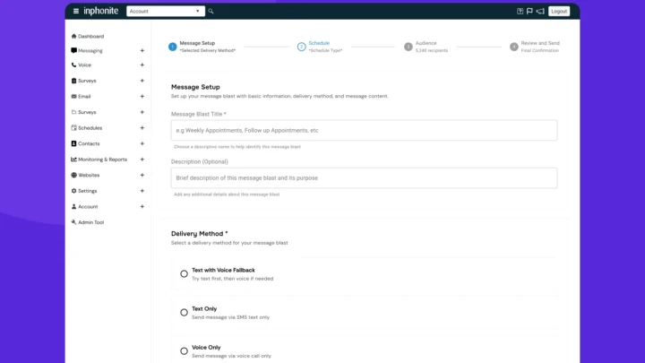 Message Blast feature interface within the Inphonite platform