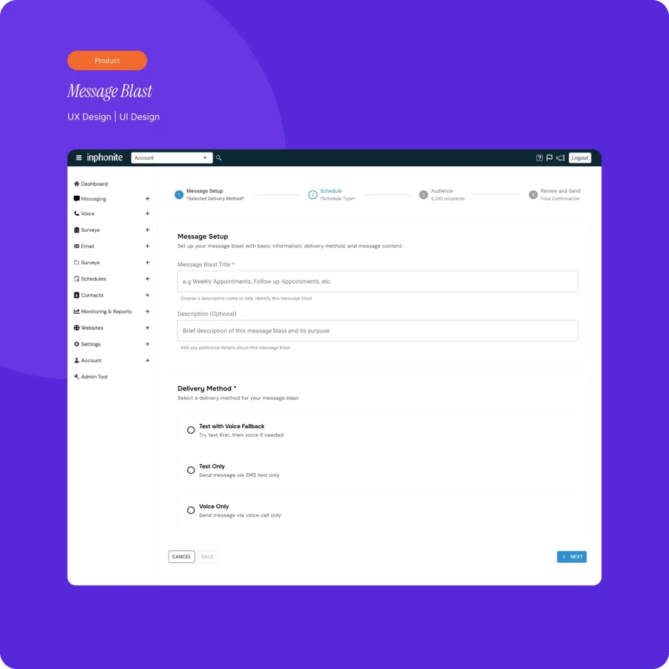 Message Blast feature interface within the Inphonite platform