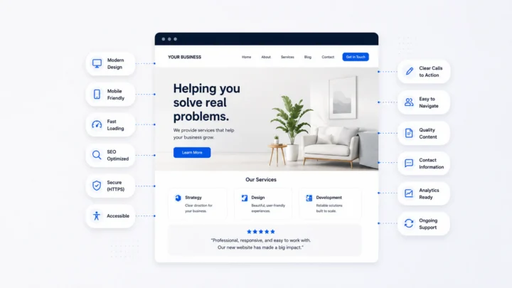 Small-business website surrounded by indicators for modern design, mobile usability, speed, SEO, security, accessibility, calls to action, navigation, content, contact information, analytics, and ongoing support.
