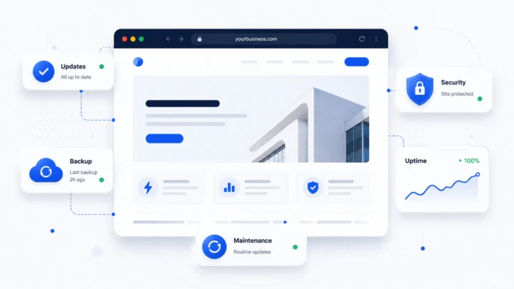 Business website maintenance dashboard showing updates, security, backups, uptime, and routine monitoring.