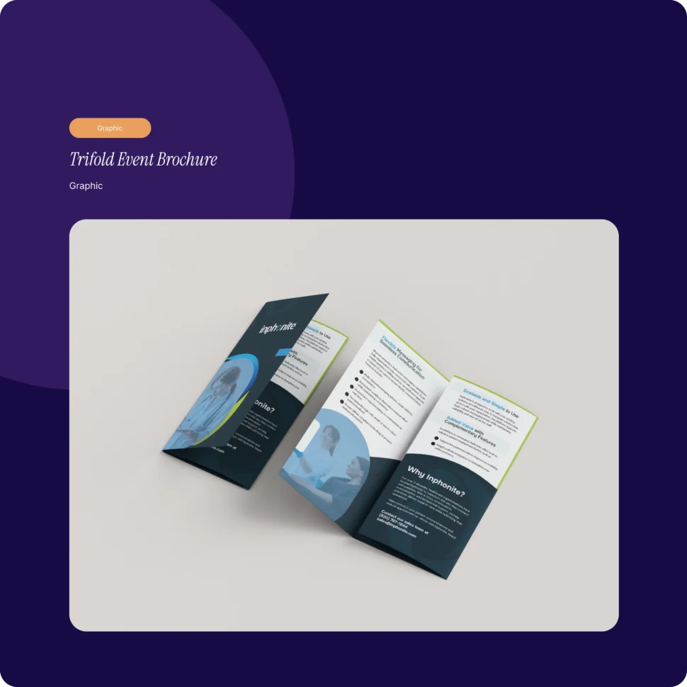 Inphonite trifold marketing brochure shown open in a print mockup